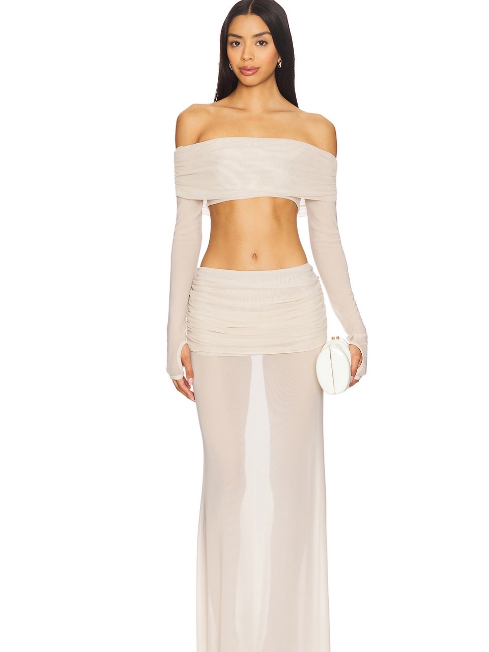 Off-Shoulder Two-Piece Maxi Skirt Set In Cream